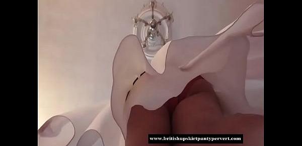  British amateur housewife lifts her skirt to show her red cotton knickers